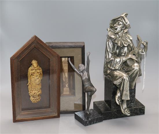 Two spelter figures, a framed wax icon and a perspective picture